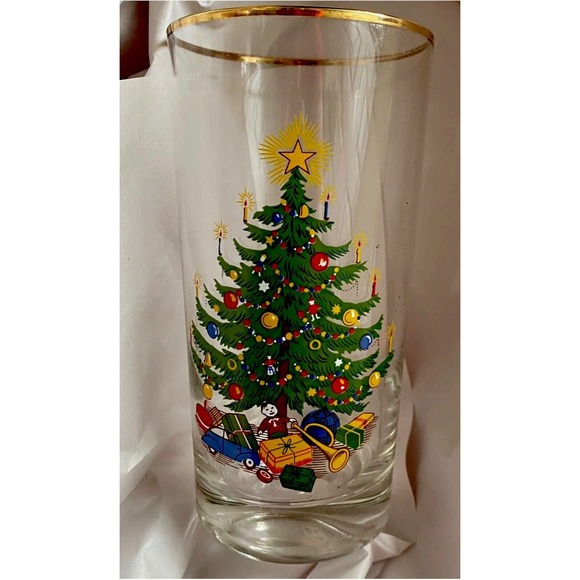 Set of 4 VINTAGE CHRISTMAS TREE 5.5" 12 OZ GOLD RIM TUMBLER GLASS - Picture 3 of 4